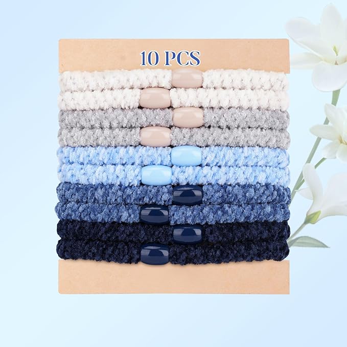 Braided Hair Ties No Damage, 10 Pcs Soft Plush Hair Bands for Women's Hair, Bracelet Hair Elastics & Ponytail Holders for Thick Hair - Light Blue