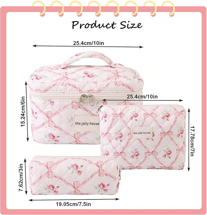 LAKSMI 3PCS Cotton Quilted Floral Makeup Bag Set for Women, Cute Make Up Bags with Brush Pockets, Large Wide-Open Toiletry Pouch Gifts for Toiletries Accessories Travelling Essentials