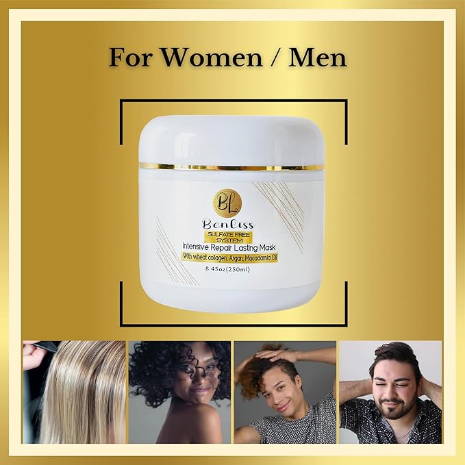 Benliss Intensive Repairs Lasting Hair Mask: Deep Conditioner for Dry, Damaged & Curly Hair with Argan and Macadamia Oil, 8.45 Fl OZ