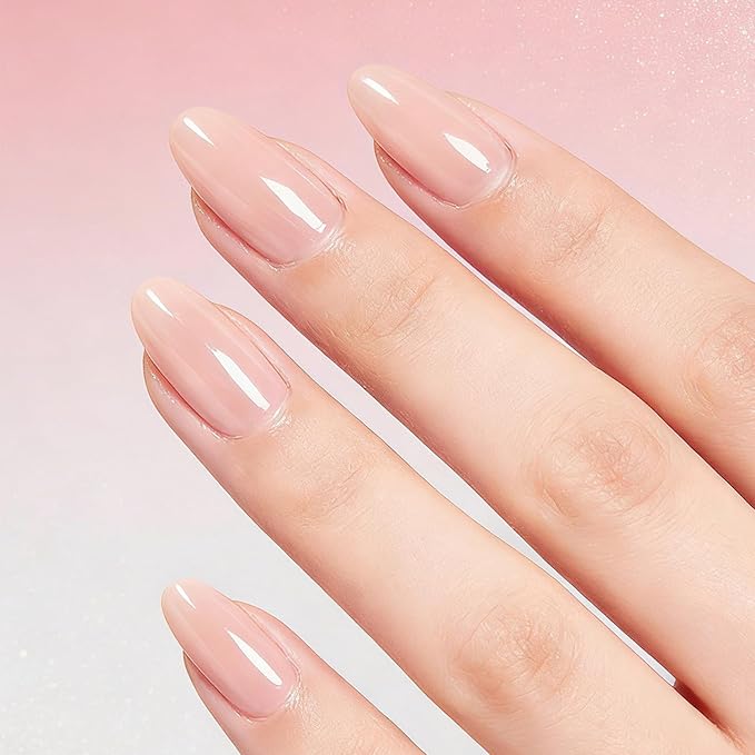 Modelones 32Pcs Nude Pink Press on Nails Almond, Valentine's Day Pearl Chrome Short Almond Fake Nails, Reusable Nail Kit with Nail Glue Adhesive Tabs Mini Nail File, Nails Press Ons 16 Sizes