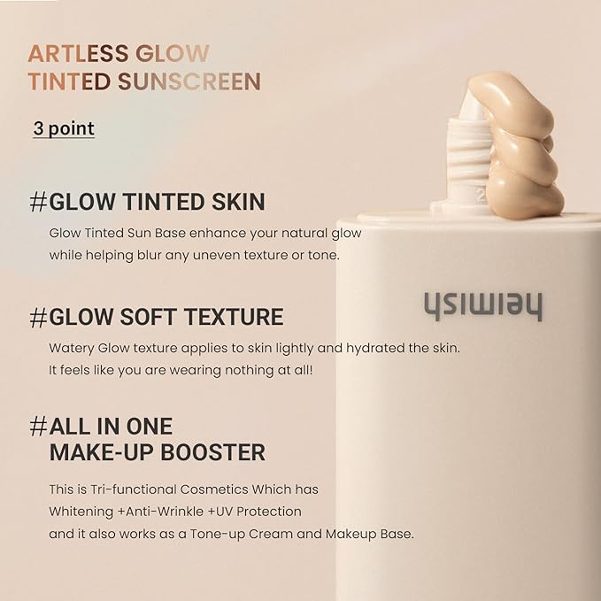 HEIMISH Artless Glow Tinted Sunscreen 1.35fl.oz/40ml, Multipurpose Makeup Base, Primer, Highlighter, Lightweight, Non-greasy, Hydrating, Natural Finish with SPF 50+ PA+++, Shine Beige