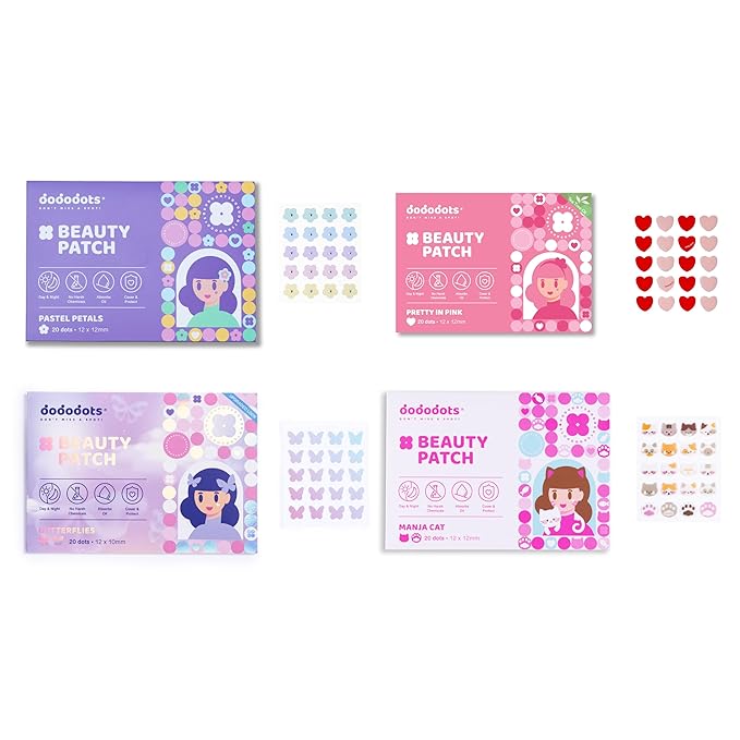 Dododots Butterfly, Cat, Flower and Heart Pimple Patches for Face - Cute Acne Hydrocolloid Patch, Pimple Patches for Zit, Spot and Blemish Treatment, 80 Acne Patches, 4 Set
