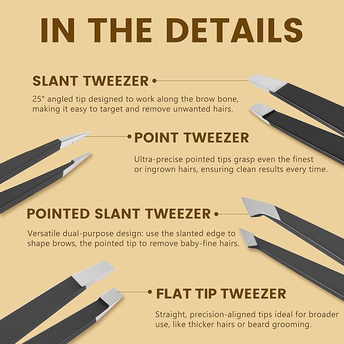 4-Pack Tweezers for Eyebrows Facial Hair, Ingrown Hair Removal, Tweezer Set with Case for Women and Men, Professional Stainless Steel Precision pinza de cejas Stocking Stuffers Christmas Gifts -Black