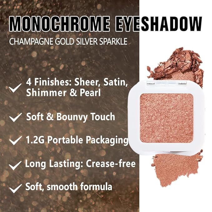 Glittler Single Eye Shadow Palette Makeup, Champagne Gold Sparkle Shimmer Monochrome Eyeshadow For Older Women, Pigmented Waterproof Sombras Para Ojos, Vegan, Talc, Paraben&Cruelty Free, 01