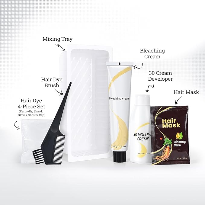 Hair Bleach Kit, Hair Lightener for Dark Hair, Bleach Cream with Hair Mask, Protect & Repair While Lightening, Lifts up to 8 Shades, Complete kit with Tint Bowl, Brush, Gloves & Cap