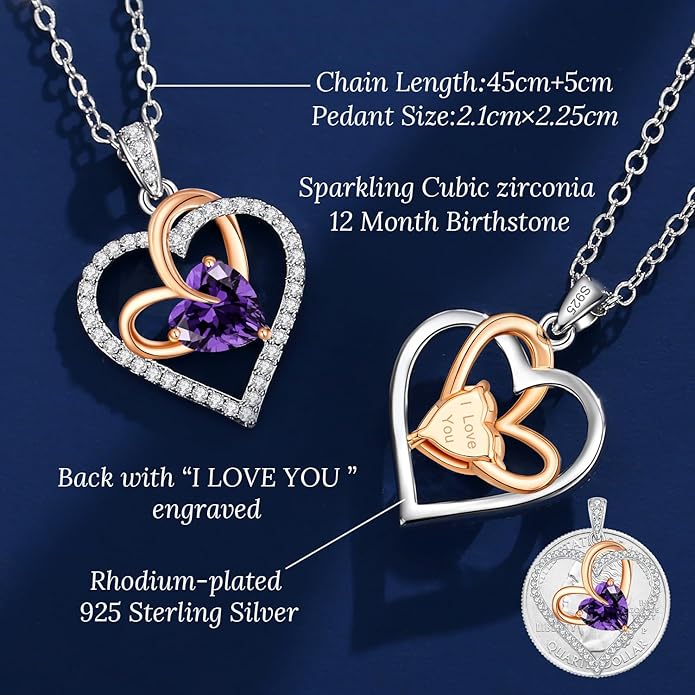 OOBEE Birthstone Necklaces for Women, 925 Sterling Silver Gemstone Fine Love Heart Moissanite Necklace, Ideal Birthday Anniversary Mothers Day Jewelry Gifts for Wife Mom Girlfriend Her
