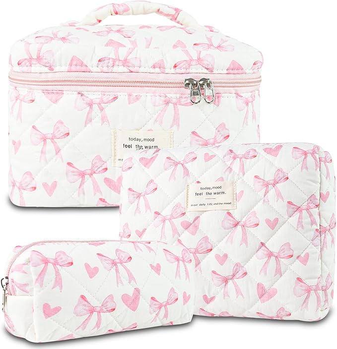 Makeup Bag, 3 PCS Quilted Makeup Bag, Cute Floral Cotton Cosmetic Bag set, Coquette Makeup Pouch Large Travel Toiletry Bag