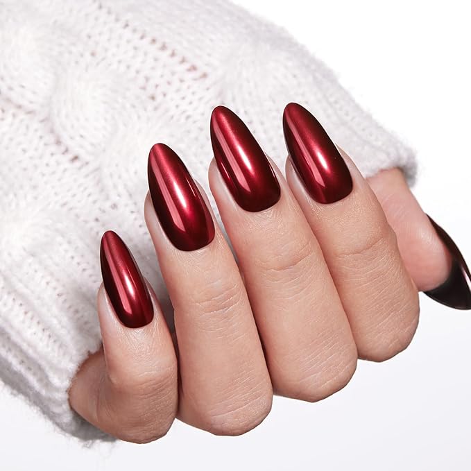 VSALON Press On Nails Almond, 32 Pcs 16 Sizes Red Press On Burgundy Chrome Metallic Medium Fake Nails With Glue & Cuticle Oil, Reusable Stick On Nails False Nails Kit Valentines Gift For Women