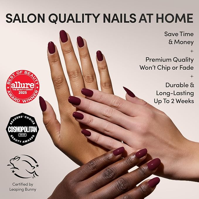 Glamnetic Press On Nails - Berry Maroon | Opaque Dark Red Maroon Short Round Fake Nails, Salon Quality | 12 Sizes - 30 Nail Kit