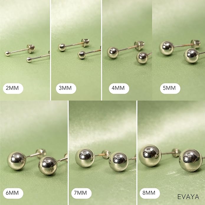 14k Real White Gold Ball Stud Earrings for Women & Men (2mm-8mm Diameter) - Real 14k Gold, Secure Screw Back Design