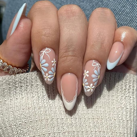 XZMeiLun French Tip Press On Nails Spring Summer Acrylic Nails for Women - Blue Flower Designer Fake Nails Short Almond 24Pcs, Outdoor Picnic/Wedding/Party Reusable Glue On Stick On Nails