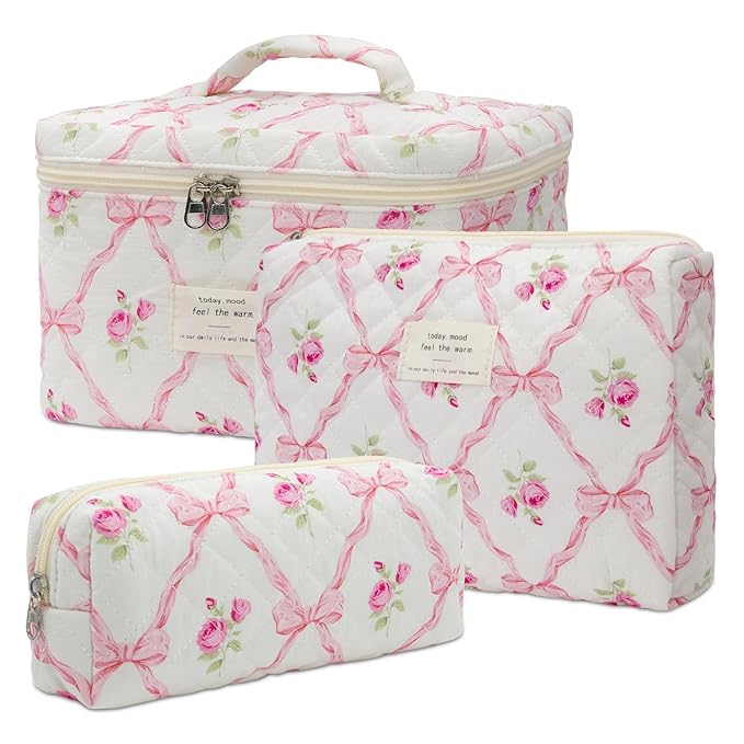 Makeup Bag,Quilted Cosmetic Bag,Large Floral Make Up Bag for Women,Cotton Makeup Bag Set,Flower Travel Toiletry Bag