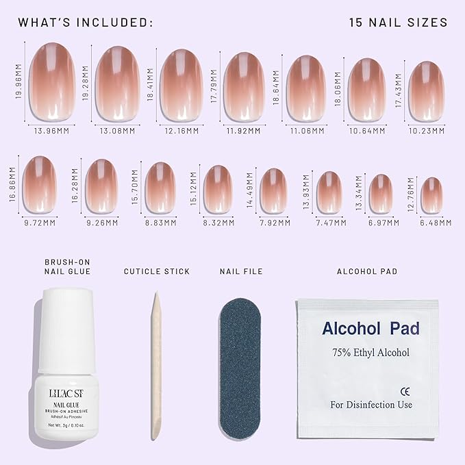 Lilac St - Press On Nails, Blush Touched (30 Nails, 15 Sizes) - Medium, Round, Pearl + Glossy, Opaque - Brush-On Nail Glue, Nail File, Cuticle Stick, Prep Pad - Cruelty Free, Vegan, Women Founded