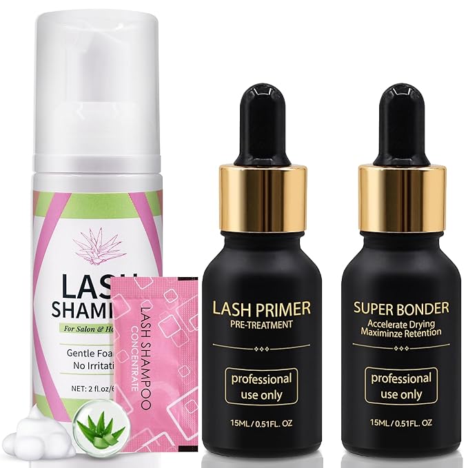 Miuffue Lash Bonder Primer and Shampoo Kit for Eyelash Extensions, Glue Accelerator Lash Sealant, Pre-treatment Primer Protein Oil Cleanse Remover, Makeup Tools for Professional Use (15ml+15ml+60ml)