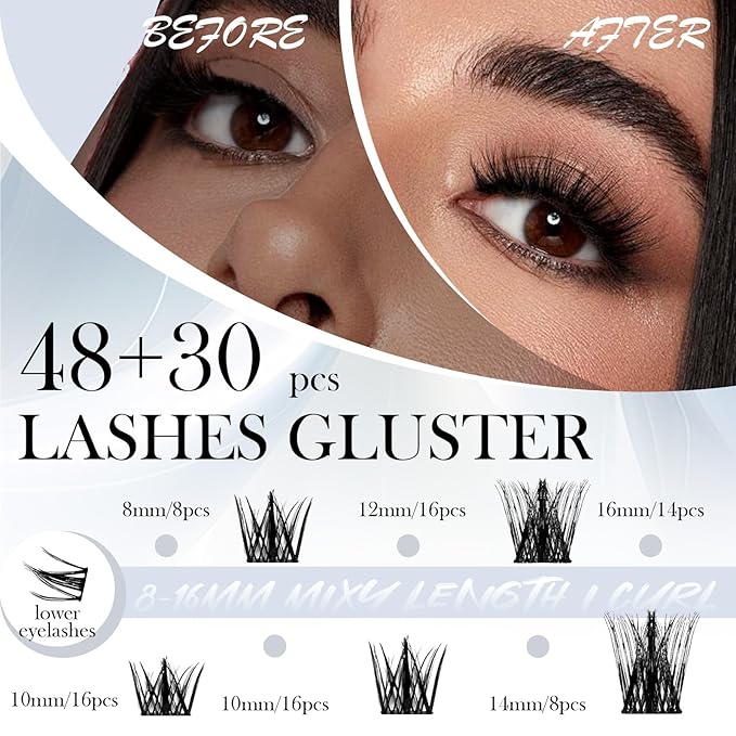 Luxury Lash Clusters Kit - Wispy & Fluffy Cluster Eyelash Extensions 8-16mm, 150H Wear | Korean Hypoallergenic PBT Fibers, Waterproof Glue & Seal | Gift Ready Premium Box (Natural-sliver box)