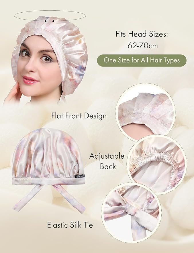 LilySilk 100% Mulberry Silk Bonnet, Silk Night Sleep Cap Adjustable Hair Wrap for Sleeping, Pink Purple Water