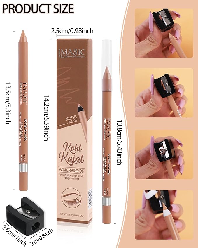 Nude Beige & Black Water Line Gel Eyeliner Pencil-2Pcs Waterproof Smudge-Proof Cream Eye Liner Waterline Pen, Smooth Easy-to-Sharpen Pencil with Sharpener, Longlasting Eye Makeup Gift for Older Women