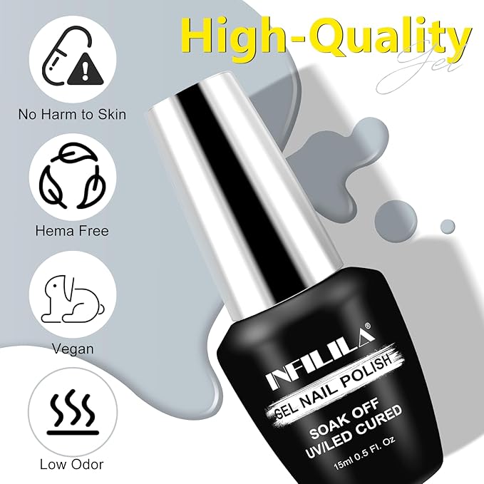 NXJ INFILILA Grey Gel Nail Polish, 15ml 0.51oz One-Stroke Coloring Grey Nail Polish Colors, Hema Free Soak Off UV Gift for Women Art Manicure Salon DIY Design Decoration at Home SQ003