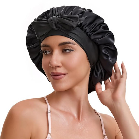 Tie Band Silk Satin Bonnet for Sleeping Hair: Women Sleep Night Wrap Cap for Straight Wavy Curly Coily Kinky Natural Hair Head - Black