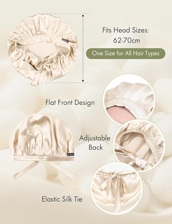 LilySilk 100% Mulberry Silk Bonnet Flat Front Silk Night Sleep Cap Adjustable Hair Wrap for Sleeping, Gravel Gold