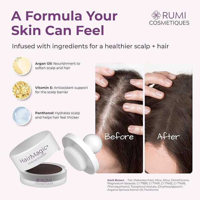 Rumi Cosmetiques HairMagic+ Root Touch Up Powder for Mature Women – Instant Gray Hair Coverage & Hairline Filler – Water-Resistant, Natural Finish, with Argan Oil & Vitamin E (Dark Brown)