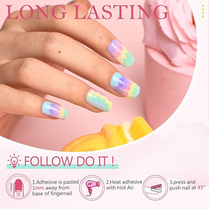 GLAMERMAID Tie Dye Press on Nails Medium Square, Colorful Ombre Light Green Pink Gel False Nals, Natural Light Color Glue on Nails Kit for Women, Reusable Stick on Acrylic Fake Nails Manicure Set