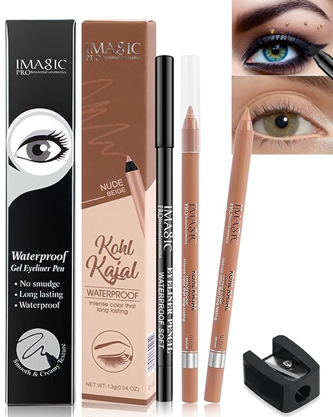 Nude Beige & Black Water Line Gel Eyeliner Pencil-2Pcs Waterproof Smudge-Proof Cream Eye Liner Waterline Pen, Smooth Easy-to-Sharpen Pencil with Sharpener, Longlasting Eye Makeup Gift for Older Women