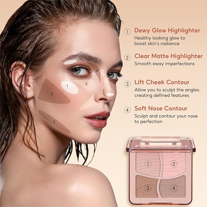 FelinWel Highlight Contour Makeup Palette Effortless Blending Matte Shimmer Highlighter Palette and Bronzer Powder for Cool Toned Skin