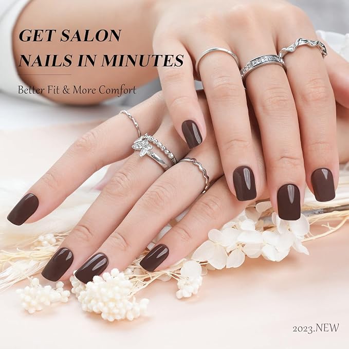 Square Coffee Brown Press on Nails Short, Jofay Fashion Winter Fall Solid Color False Nails with Glue, Comfortable & Natural Acrylic Fake Nails, Glue on Nails for Women Girls Gift