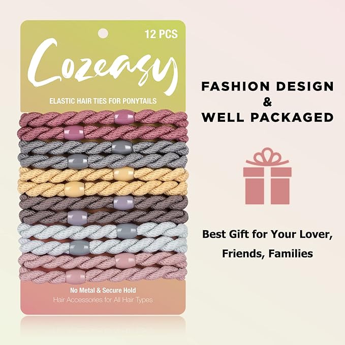 12 pcs Assorted Elastic Hair Ties, No-Metal Gentle Secure Hold Ponytail Holders, No Damage or Snagging Braided Hair Bands, Perfect for Girls and Women with Thick or Curly Hair (Multicolor 17)