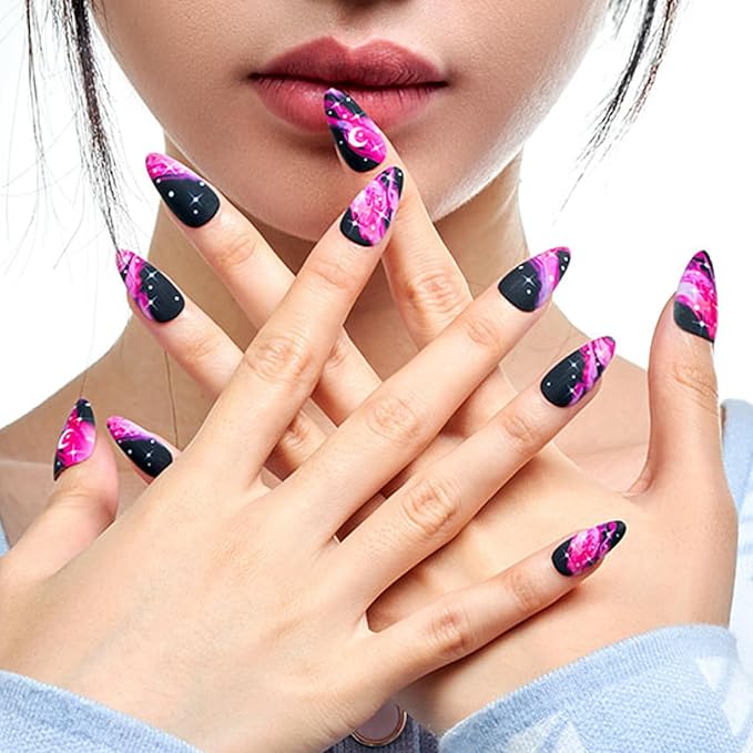 GLAMERMAID Black Press on Nails Medium Almond, Hot Pink Ombre Crush Nails, SGalaxy Star Design tiletto Fake Nails, Short Oval Stick Glue on Nails Tips for Women, Reusable Acrylic False Nail Kits