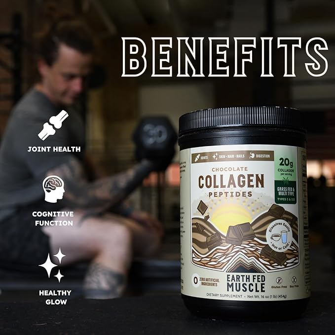 Earth Fed Muscle Chocolate Collagen Peptides Powder – Grass Fed Hydrolyzed Collagen for Women & Men - Healthy Bones, Skin & Hair - Types 1 & 3 Collagen Powder, 20g Per Serving, 19 Servings