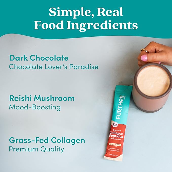 Further Food Chocolate Collagen Peptides Powder Stick Packs, Grass-Fed Pasture-Raised Hydrolyzed Type 1 & 3 Protein, Gut Health + Joint, Hair, Skin, Nails, Paleo Keto Sugar-Free 9.74 oz