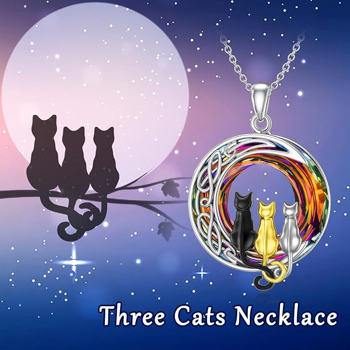TOUPOP Cat Gifts for Cat Lovers One Two Three Four Cats Necklace Sterling Silver Cats on the Moon Pendant Necklace with Blue Circle Crystal Birthday Christmas Celtic Jewelry Gifts for Women