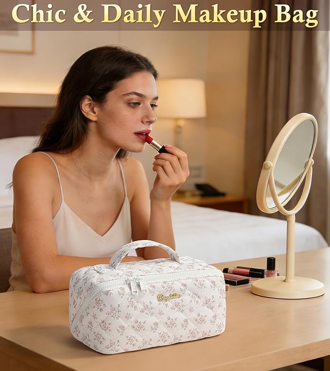 Travel Makeup Bag, 3 Pcs Large Capacity Puffy Toiletry Bag for Women, Open Flat Make up Cosmetic Organizer w/Handle & Clear Divider Water-resistant Portable Pouch Travel Essentials, M-Pink Rose