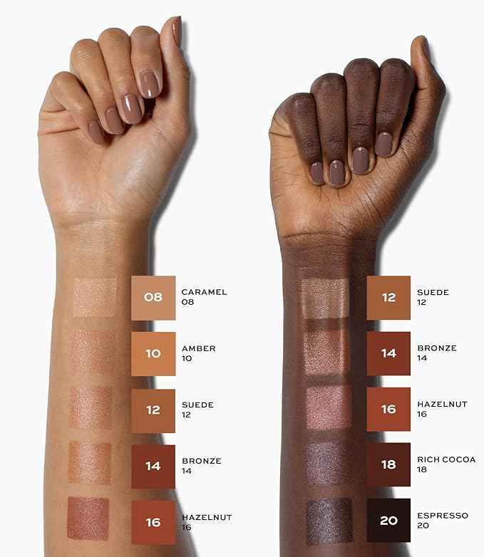 MAKE Beauty Diffusion Dew Skin Tint. Sheer to Medium Coverage Radiant Finish. Blurring, Smoothing, and Brightening for Glowing Complexion. Enhanced with Niacinamide and Adenosine. Rich Cocoa 18