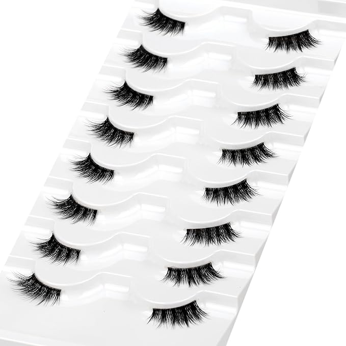 Half Lashes for Nude Makeup Fake Eyelashes Strips Natural Volume 8 Pairs Pack 3/4 Short Band Wispy Fairy Lashes Cat Eye Look Short Small Asian Accent Lash Wispies Faux Mink False Eyelash Extensions