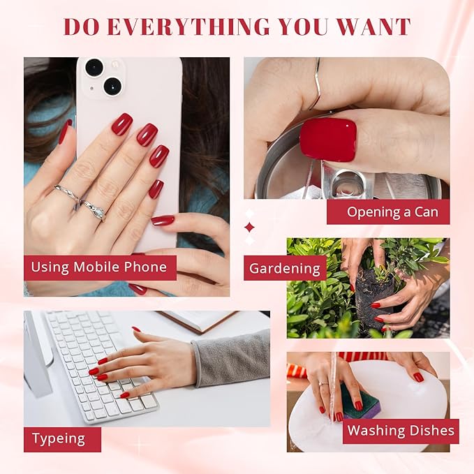 Wine Red Press on Nails Short, Jofay Fashion Glossy Red Valentines Fake Nails with Nail Glue, Square Glue on Nails, Natural Acrylic False Nails, Stick on Nails for Women Gift, Gel Nail Kit, 24pcs