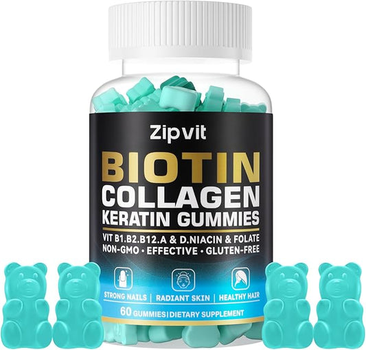 zipvit Biotin Collagen Gummies – Hair Skin and Nails Vitamins for Women & Men – Hair Growth Vitamins: B1, B2, B3, B6, B7, Collagen, Keratin, Vitamin A & D – Hair Growth Supplement – 60 Gummy Bears