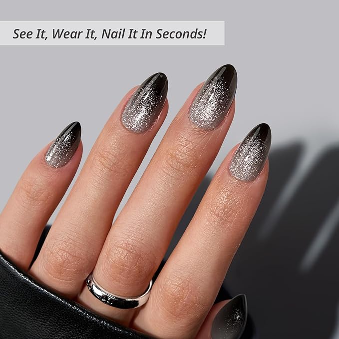 BTArtbox Press On Nails Short - Grave Shine, Sparkle Black Almond Press On Nails with Nail Glue, Soft Gel Glue On Nails in 16 Sizes - 32 Stick On Nails Kit