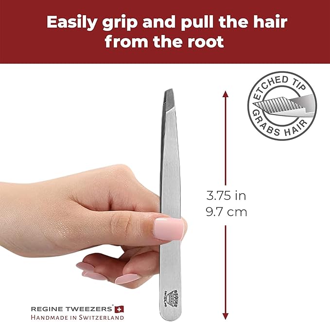 Regine Switzerland Professional Tweezers Slant Tip - Etched Tip Brow and Eyebrow Tool for Men and Women - Precision Tweezers for Fine Hair, Chin, Lash Extensions - Stainless Steel Handmade Beauty Tool