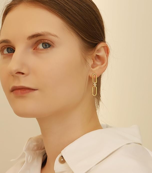 OZEL 14K Gold & Silver Plated Paperclip Chain Earrings with Cubic Zirconia – Dangle, Hoop, Huggie, Stud Styles – Women’s Fashion Jewelry Gift