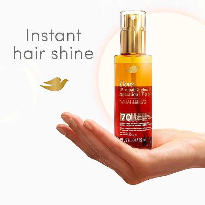 Dove Damage Therapy Defense Bi-Phase Serum + Oil 1 ct UV Repair & Glow for 70 Hour Hair Protection, with Ferulic Serum, 3.9 fl oz