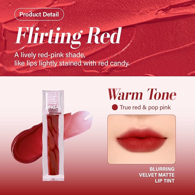 INGA Blurring Velvet Matte Lip Tint - Soft-Blur Matte Finish, Waterproof, Transfer-Proof, Long-Lasting Lip Stain, Lightweight Buildable Color with Hydrating Comfort (FLIRTING RED)