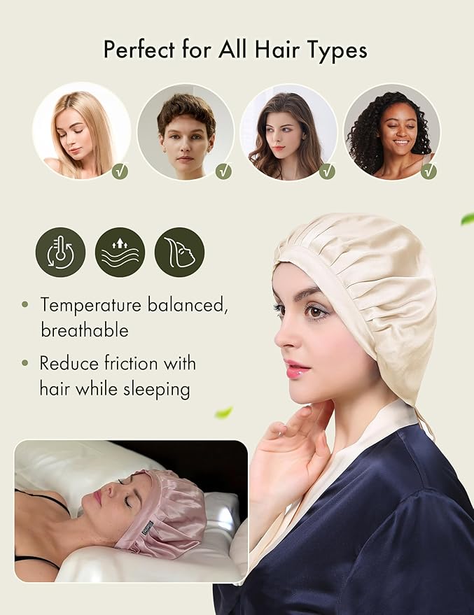LilySilk 100% Mulberry Silk Bonnet Flat Front Silk Night Sleep Cap Adjustable Hair Wrap for Sleeping, Gravel Gold