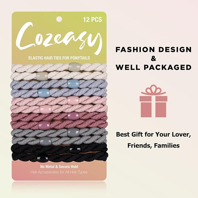 12 pcs Braided Elastic Hair Ties, No-Metal Gentle Secure Hold Ponytail Holders, No Damage or Snagging Hair Bands, Perfect for Girls and Women with Thick or Curly Hair (Multicolor 10)