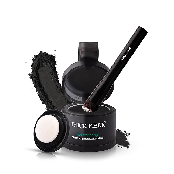 THICK FIBER Root Touch Up Powder - Water & Sweat Resistant Hair Loss Concealer Set for Thinning Hair Women, Includes Brush (Black) | for Thinning Hair, Includes Brush