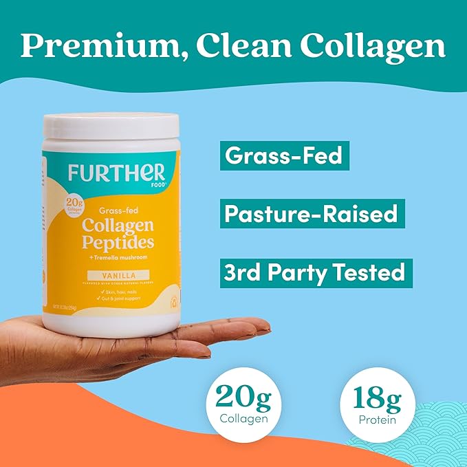 Further Food Vanilla Collagen Peptides Powder with Tremella Mushroom – 100% Grass-Fed, Hydrolyzed Type 1 & 3, 20g of Collagen per Serving, Supports Skin, Hair, Nails & Joints, 22.22 Oz