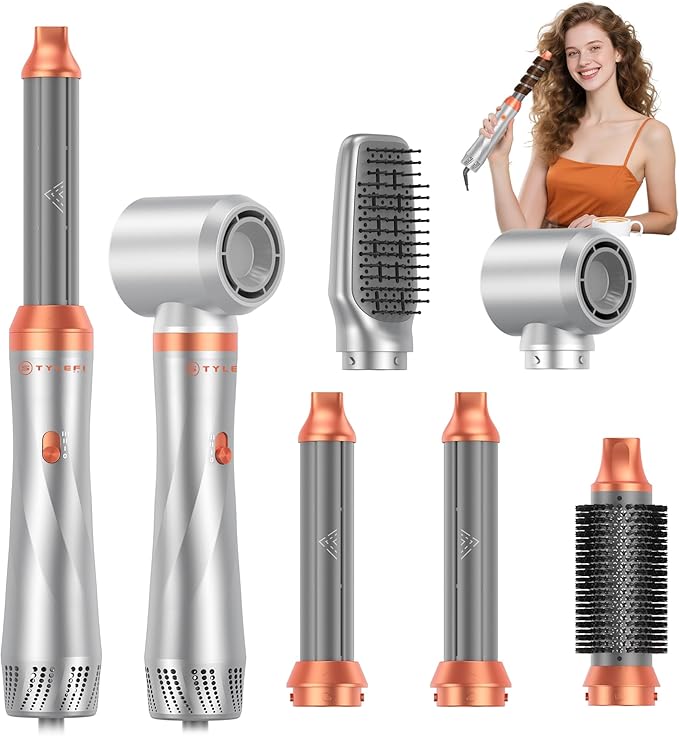 5 in 1 Blow Dryer Brush,110-120V Hair Dryer Brush, Fast Drying & 3 Adjustable Temperatures Hot-Air Hair Brushes, Detachable Hair Styler Set for Curling/Volumizing/Straightening/Styling (Silver-Orange)