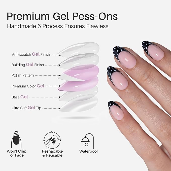 SHANGMENG Black French Tip Press on Nails Short - Polka Dots, Soft Gel Almond Press on Nails for Women, Seamless Fit Glue on Nails in 16 Sizes - 32 Reusable Fake Nails Kit with Glue